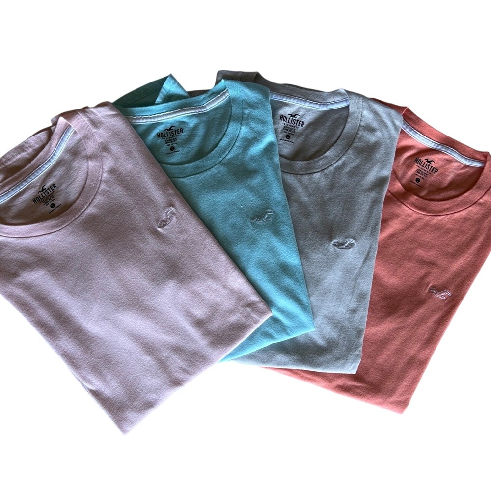 Hollister Mens T-Shirts Curved Hem Longline 4 Pack Pastel Pink Blue Grey Coral S